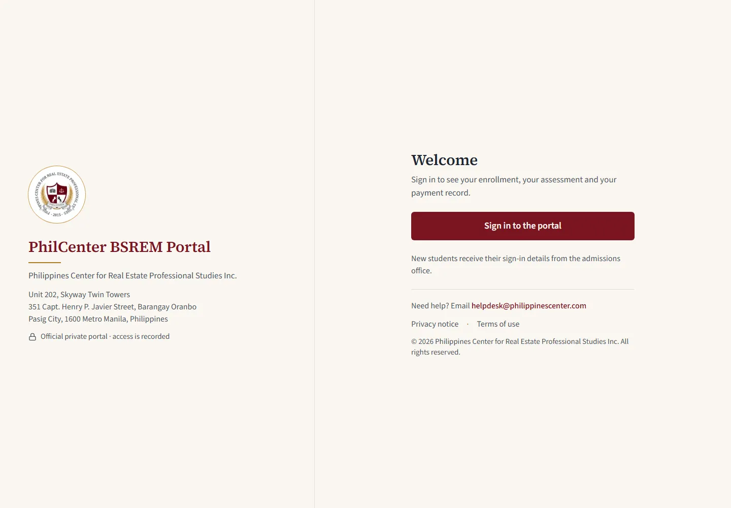 Public sign-in page of the live PhilCenter BSREM Portal