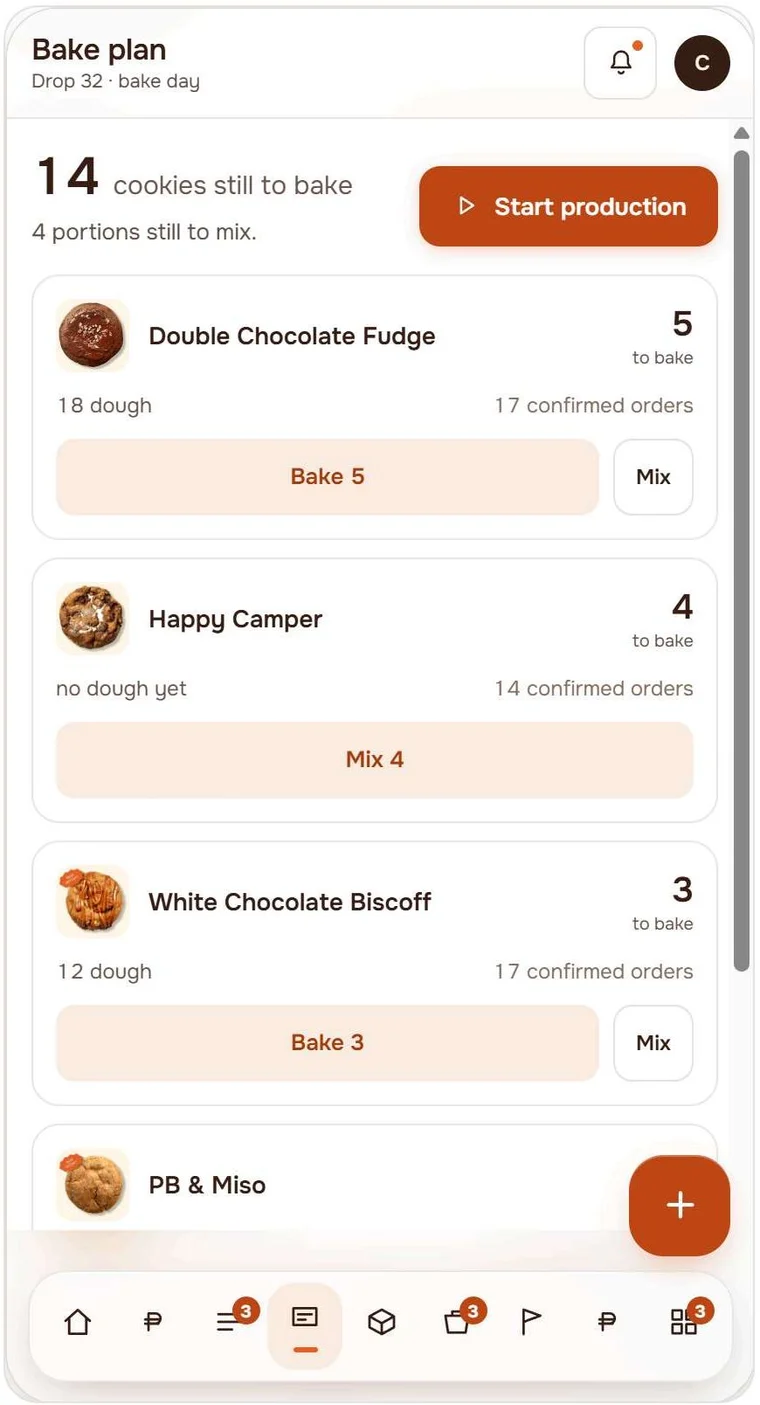 Bake plan listing how many of each flavour still need mixing and baking