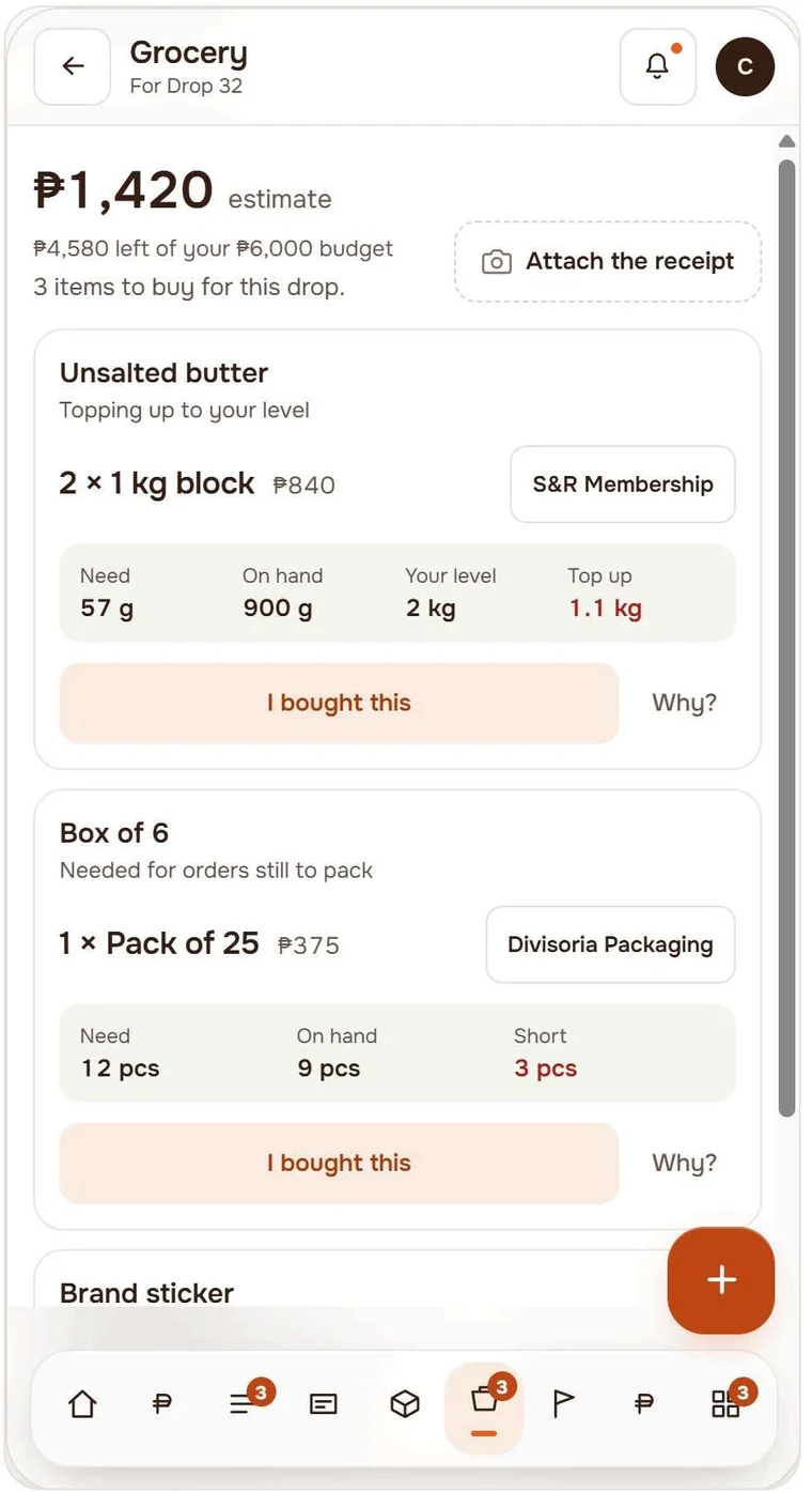 Grocery list deriving top-up quantities from need, stock on hand, and target level, priced against a budget