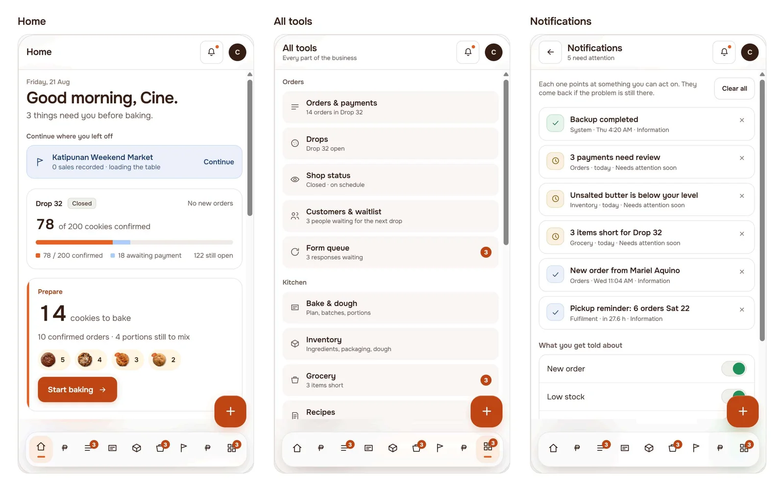 Three screens of the operations application: the daily home dashboard, the full tool list, and the notifications feed