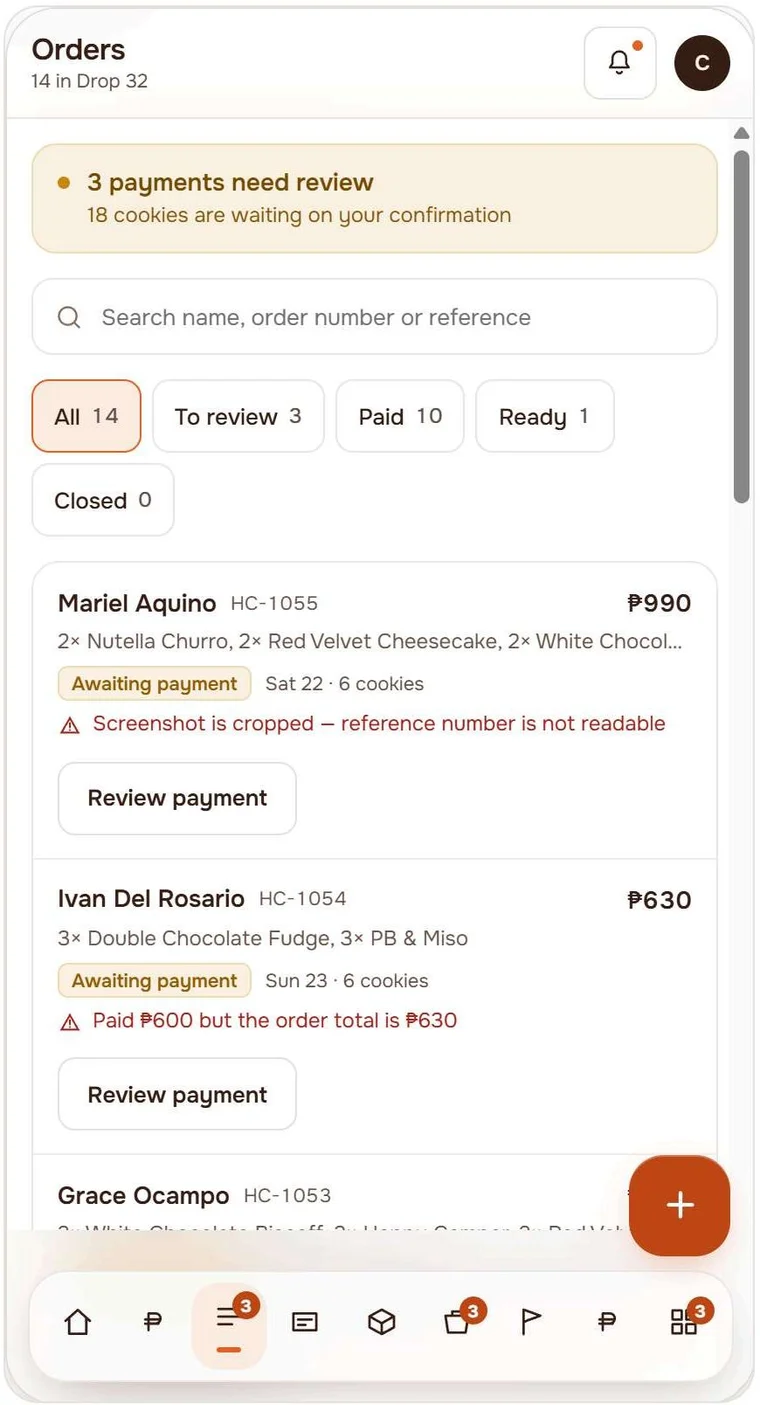 Order list showing payment review states, filters, and totals
