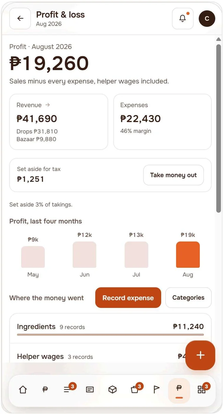 Profit and loss view showing revenue, expenses, margin, and an amount set aside for tax