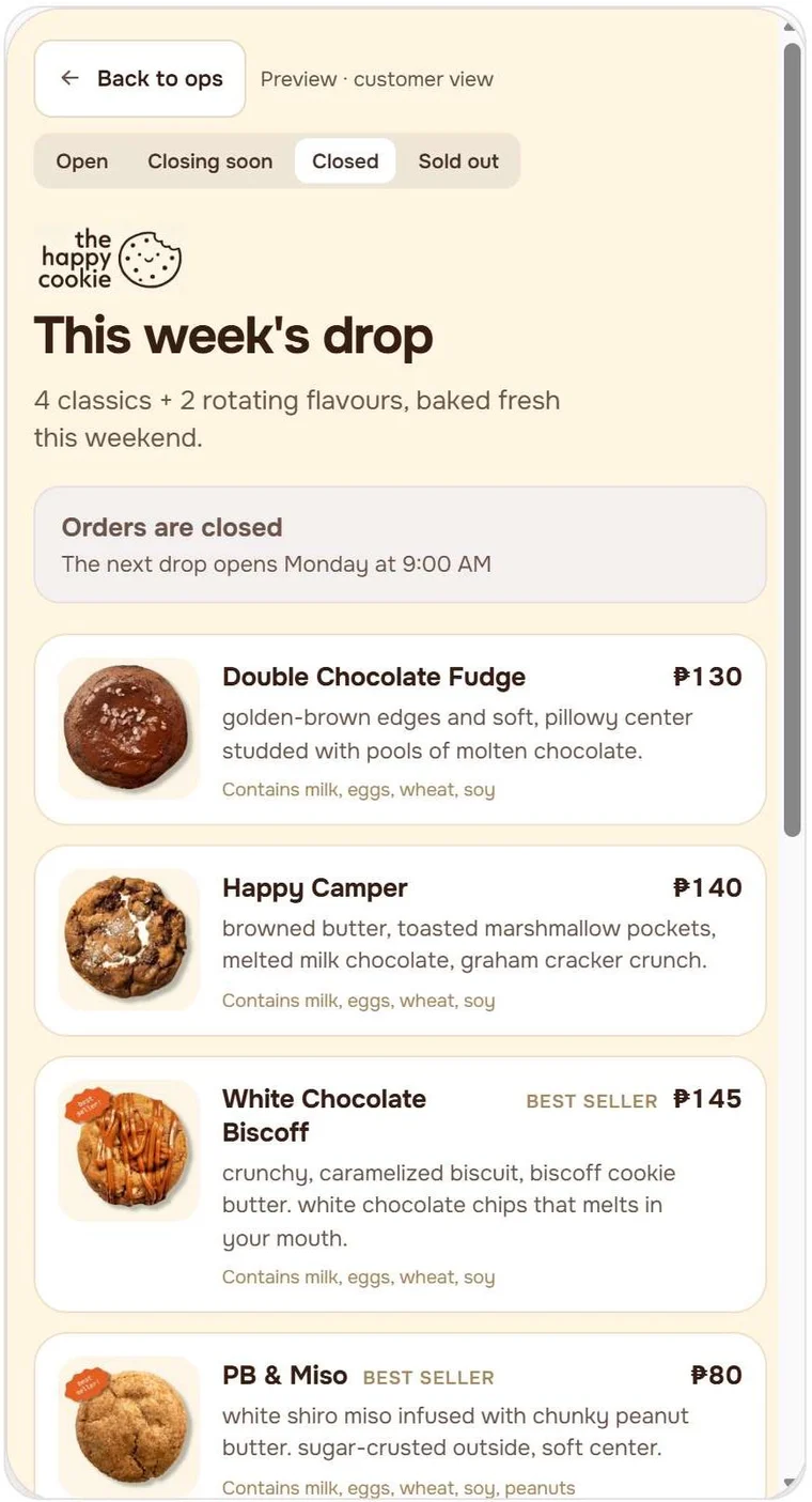 Customer-facing storefront showing the week's drop with flavours, prices, and allergen notes